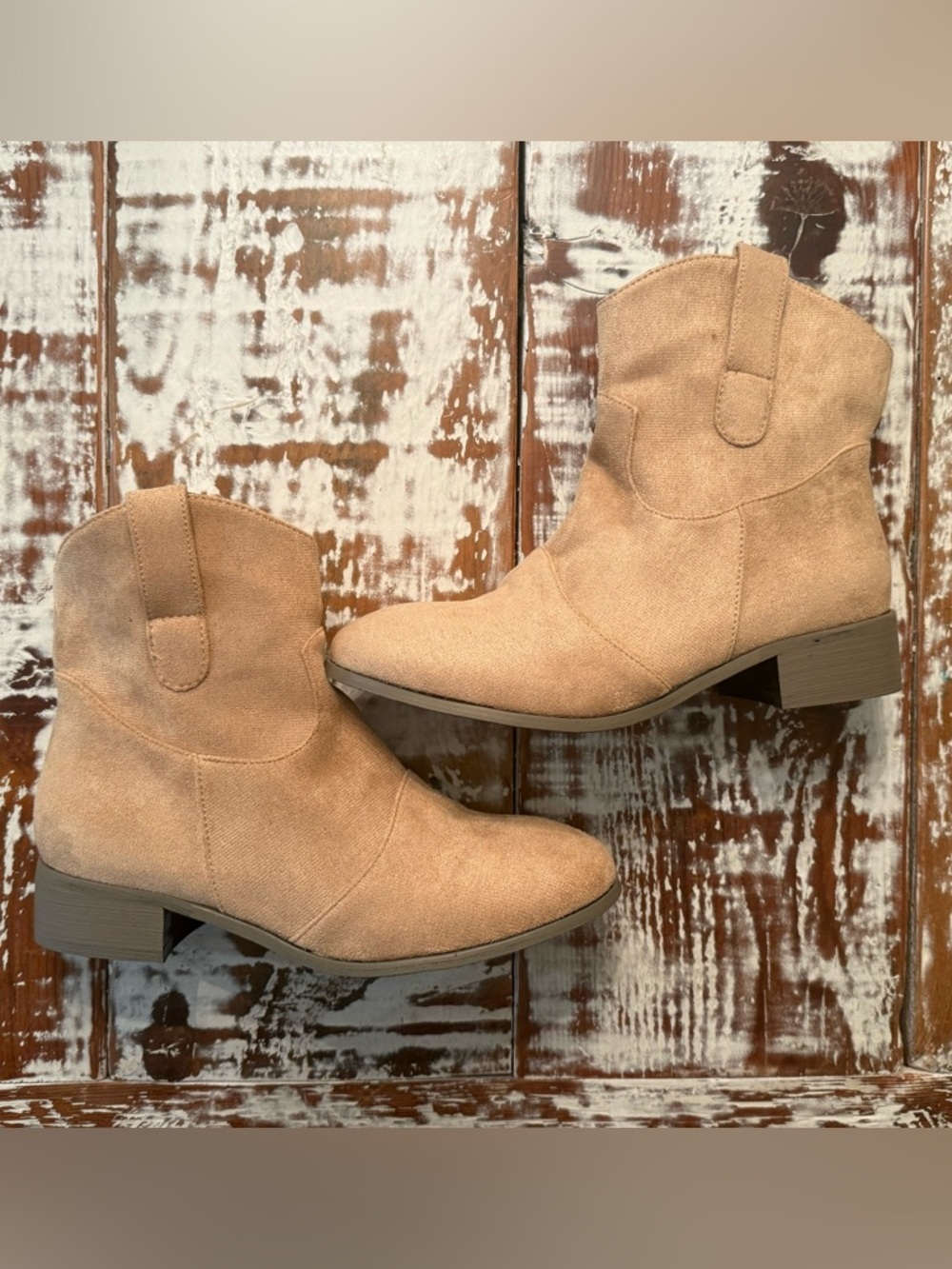 Tan Suede Western Ankle Boots Block Heel Size 39